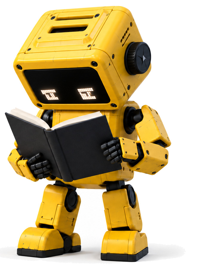 A stocky yellow robot reading an open book.